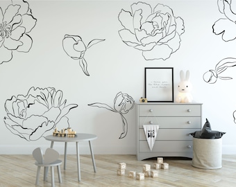 Flower Wall Stickers / Removable Floral Wall Decal / Peony Wall Decals / Floral Walls / Floral Line Art Decals / Nursery Decals