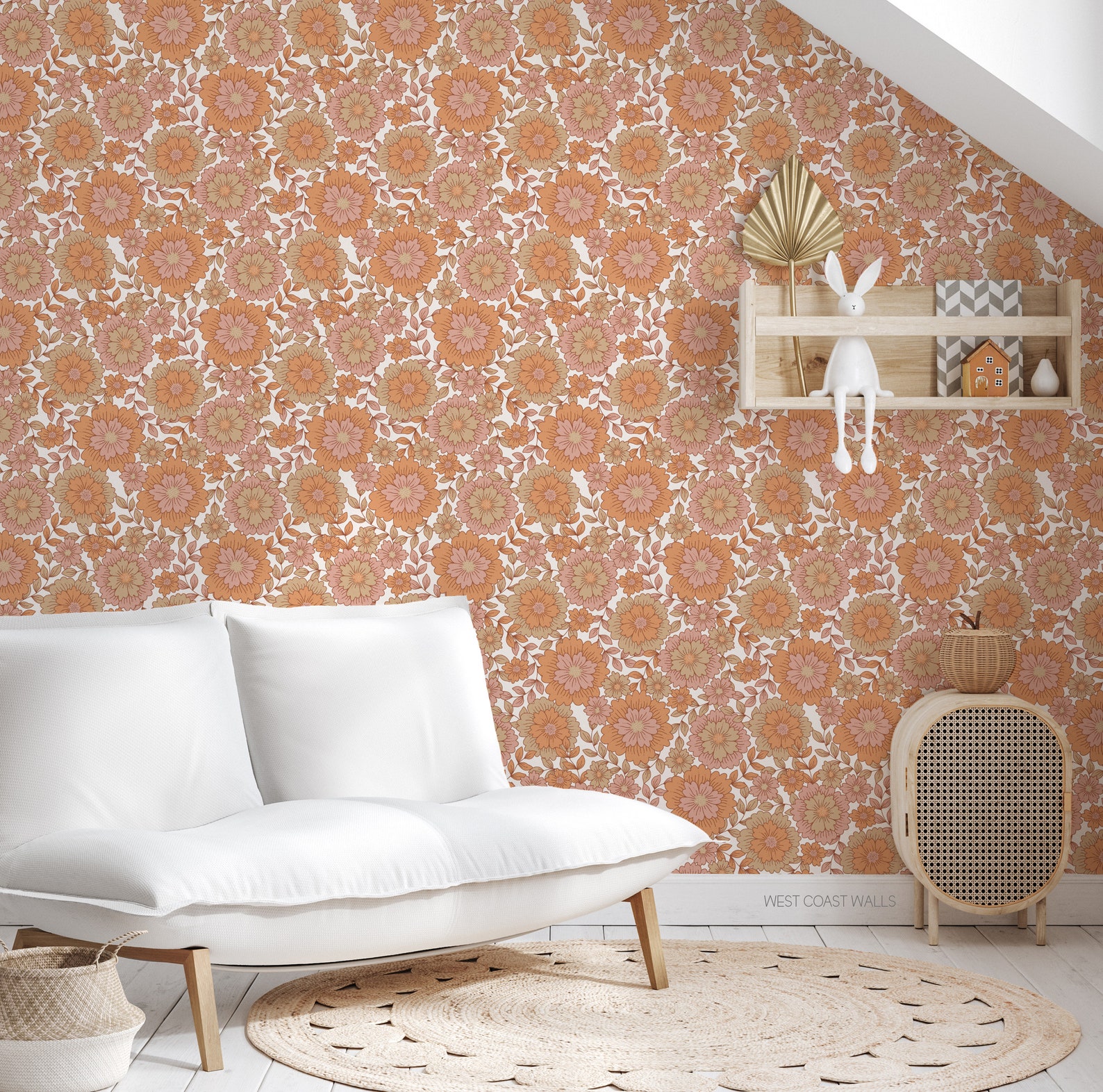 Groovy Retro Blooms Wallpaper / Hand Drawn Floral Design / Rust Orange ...