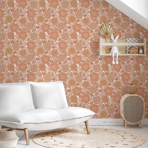 Groovy Retro Blooms Wallpaper / Hand Drawn Floral Design / Rust Orange Floral Feature Wall / Wallpaper