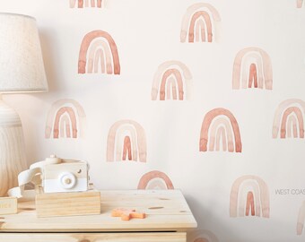 Boho Pink Rainbow Removable Wallpaper / Hand Painted Rainbow Wallpaper / Neutral Rainbow / Boho Peel and Stick Wallpaper / Neutral Room