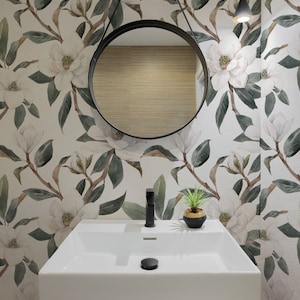 Green and White Magnolia Wallpaper / Floral Blooms Wallpaper / White Floral Wallpaper