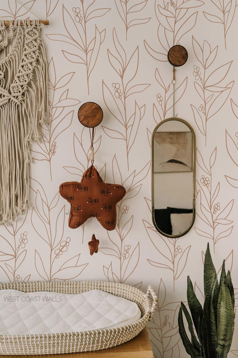 Simple Line Leaves Wallpaper Hand Drawn Peel and Stick or Traditional image 5