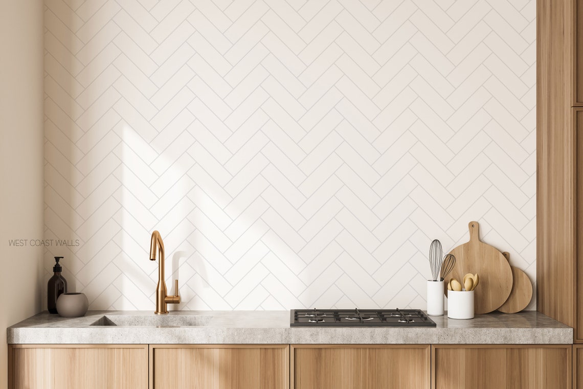 White Herringbone Tile Removable Wallpaper / Tile Wallpaper / Etsy