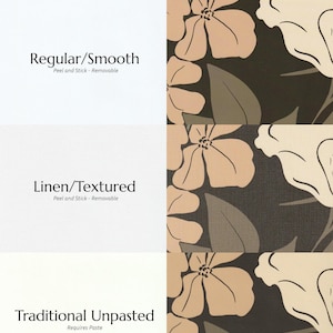 side by side comparison of different finishes of wallpaper - regular/smooth which is brighter and matte, linen/textured which has a texture and is a bit warmer in color, and traditional unpasted which requires paste and is the warmest in saturation