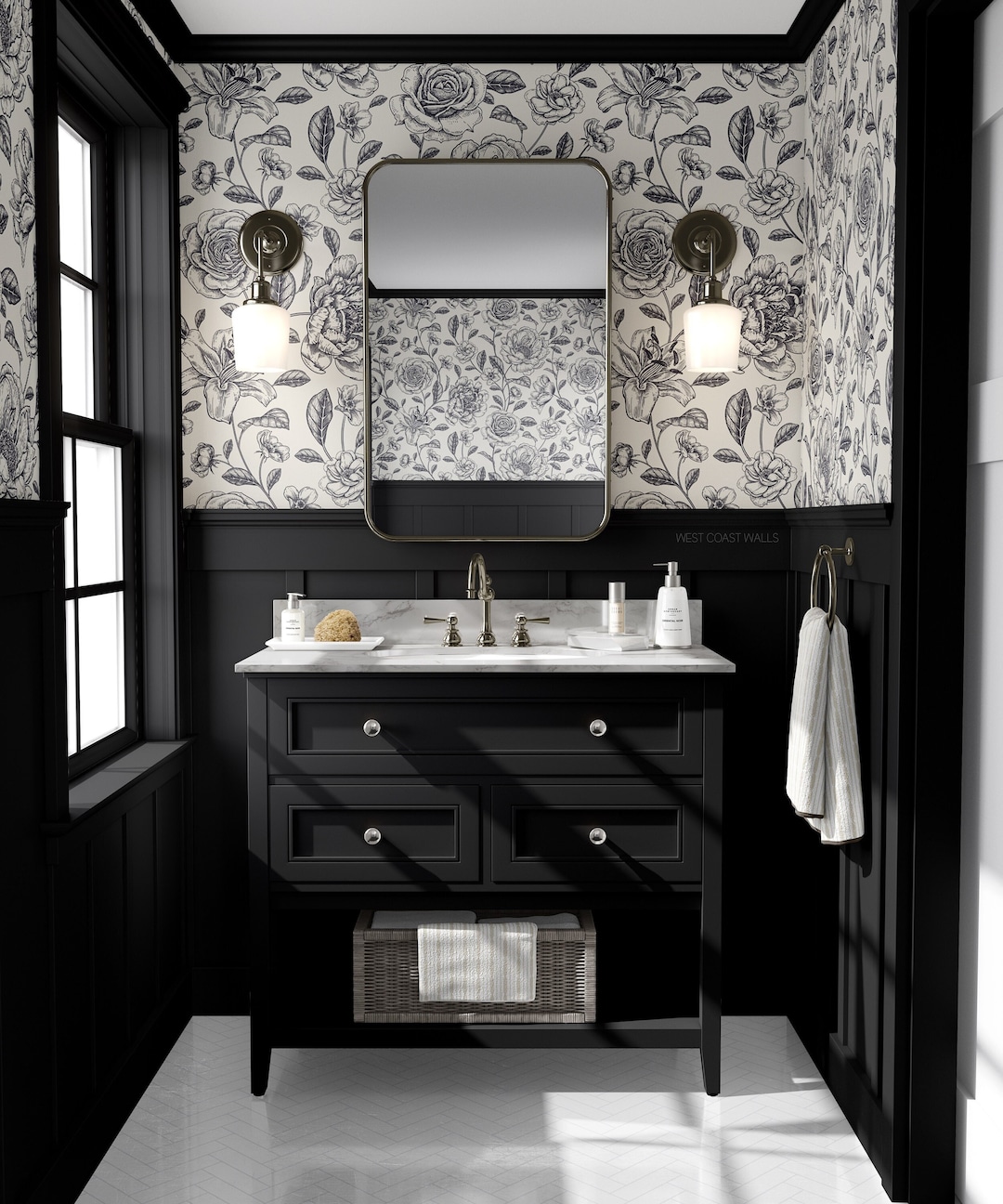 Rose and Hydrangea Drawn Floral Wallpaper Alternate Colours Available