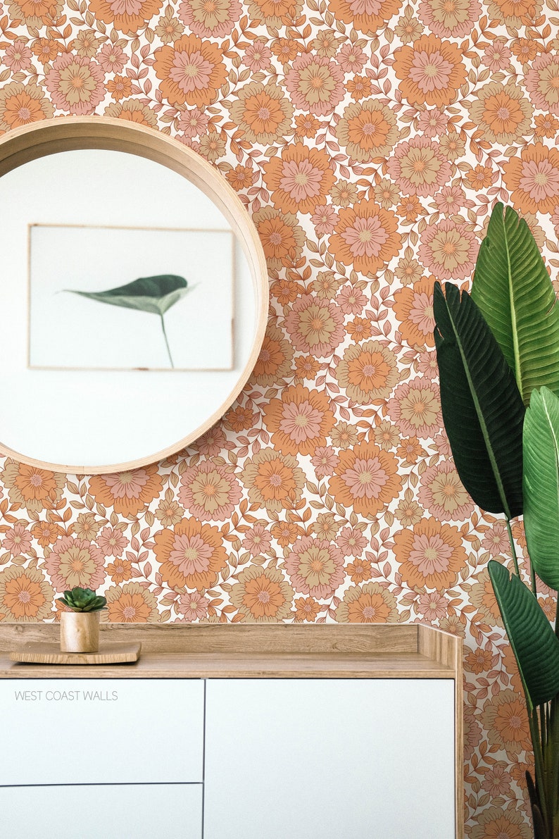 Groovy Retro Blooms Wallpaper / Hand Drawn Floral Design / Rust Orange ...
