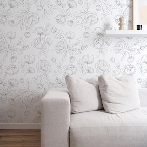 Sketched Floral Wallpaper / Black and White Floral Wallpaper / Drawn Floral Wallpaper / Soft Floral Wallpaper / Peony Wall Decor