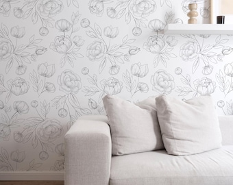 Sketched Floral Wallpaper / Black and White Floral Wallpaper / Drawn Floral Wallpaper / Soft Floral Wallpaper / Peony Wall Decor