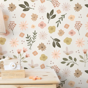 Papier peint floral prairie lunatique / motif floral dessiné à la main / mur floral vintage / papier peint floral bohème en sourdine