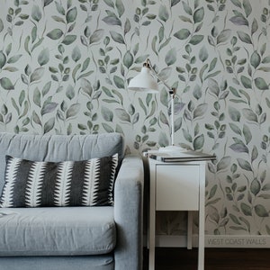 Watercolor Eucalyptus Leaves Wallpaper / Leaves Wallpaper / Botanical Feature Wall / Greenery Wallpaper / Neutral