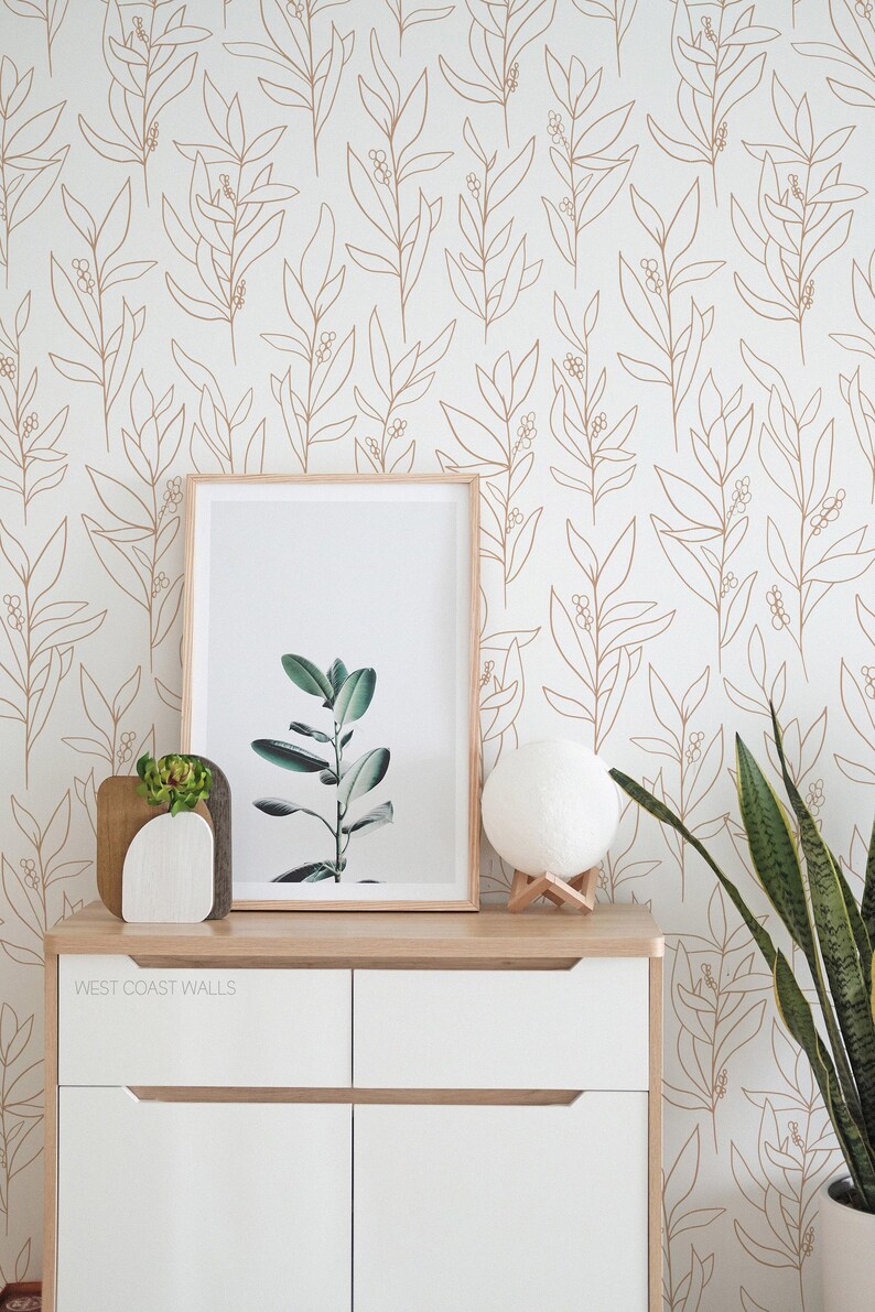 Simple Line Leaves Wallpaper Hand Drawn Peel and Stick or Traditional image 2