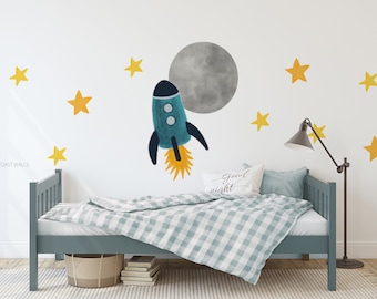 Rocket Ship Removable Wall Decals / Spaceship Wall Decals / Space Room / Space Decor / Moon Decor / Moon Wall Decal / Boys Room Decor