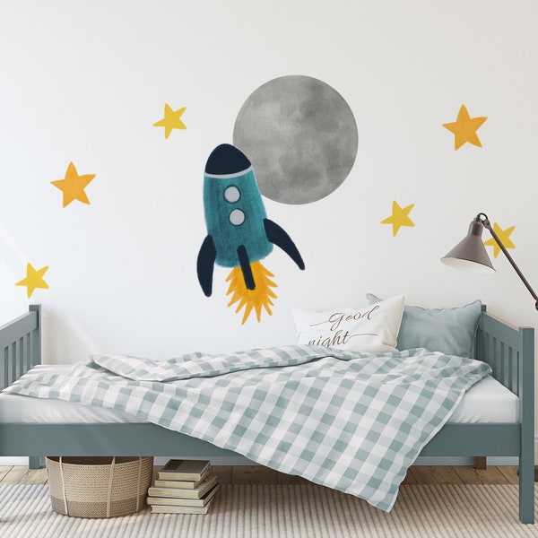 Rocket Ship Removable Wall Decals / Spaceship Wall Decals / Space Room / Space Decor / Moon Decor / Moon Wall Decal / Boys Room Decor