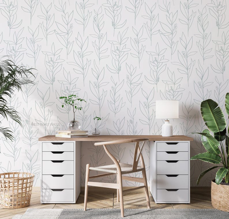 Simple Line Leaves Wallpaper Hand Drawn Peel and Stick or Traditional image 4
