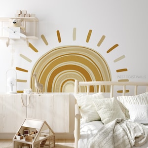 Calcomanía de pared extraíble grande con diseño de sol y arcoíris bohemio / Calcomanía de sol extragrande / Decoración de guardería con sol / Calcomanía de pared para sala de juegos con sol