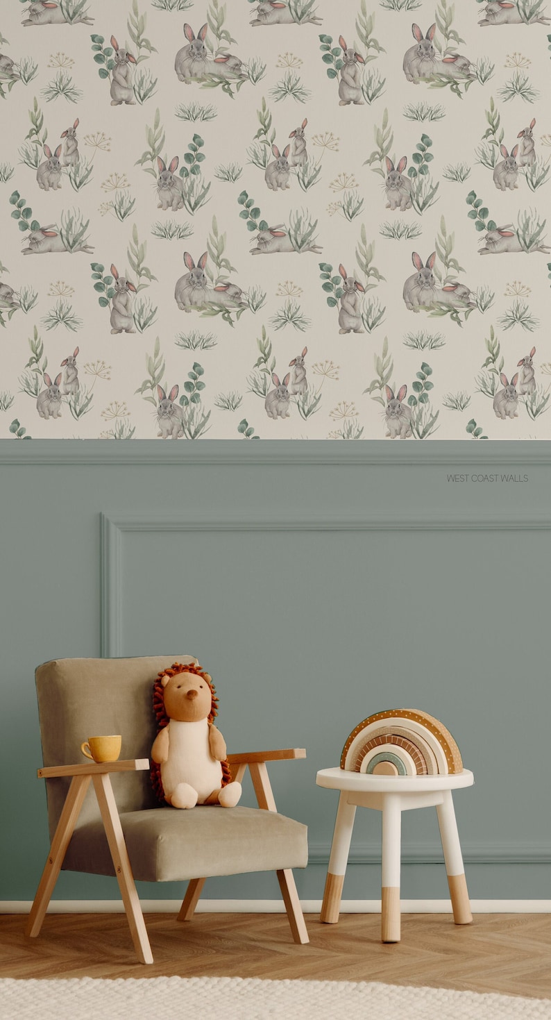 Whimsical Bunnies Wallpaper / Hand Painted Animals / Nursery Decor ...