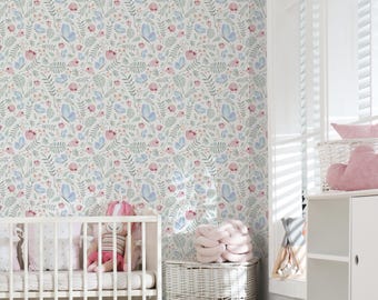 Annie Whimsical Floral Wallpaper / Whimsical Wallpaper / Butterfly Wallpaper / Pastel Wallpaper / Nursery Decor / Nursery Wall