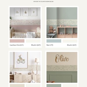 May include: A nursery room design inspiration board with four different colour palettes. The first palette features a pink wall with a white trim and a white cot. The second palette features a light beige wall with a white trim and a wooden bookshelf. The third palette features a light blue wall with a white trim and a wooden shelf. The fourth palette features a sage green wall with a white trim and a wooden shelf. Each palette includes a wallpaper border with a floral design.