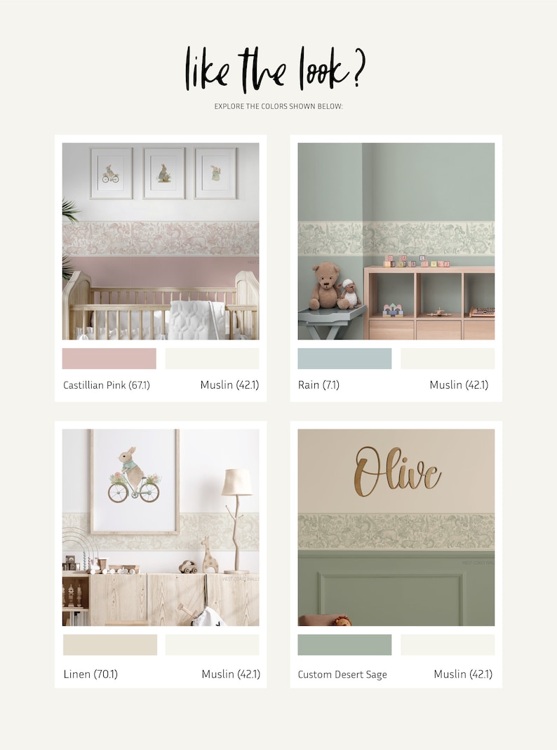 May include: A nursery room design inspiration board with four different colour palettes. The first palette features a pink wall with a white trim and a white cot. The second palette features a light beige wall with a white trim and a wooden bookshelf. The third palette features a light blue wall with a white trim and a wooden shelf. The fourth palette features a sage green wall with a white trim and a wooden shelf. Each palette includes a wallpaper border with a floral design.