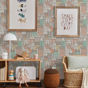 Whimsical Village Wallpaper / Hand Drawn Houses / Doodle Wallpaper / Children&#39;s Wallpaper