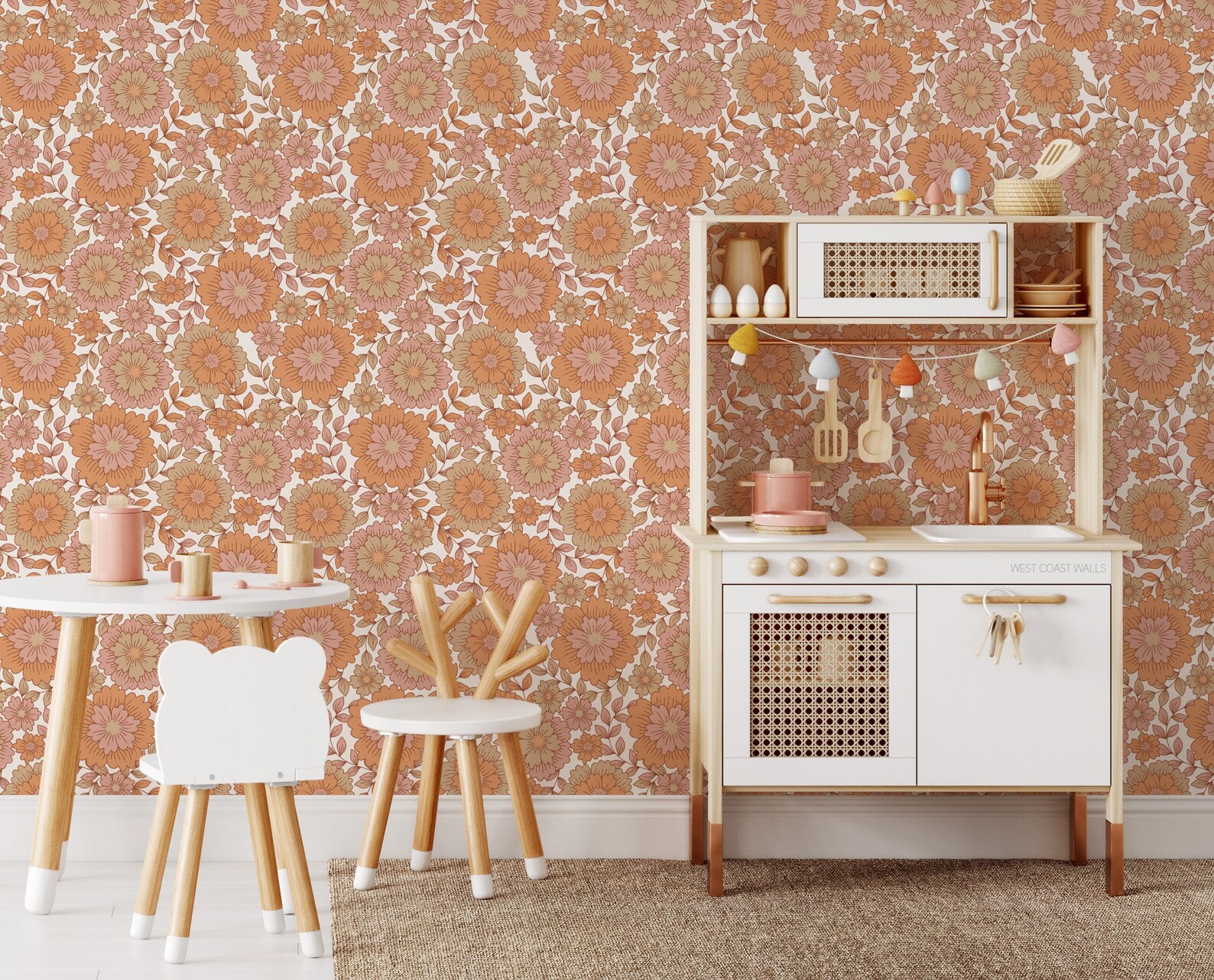 Groovy Retro Blooms Wallpaper / Hand Drawn Floral Design / Rust Orange ...