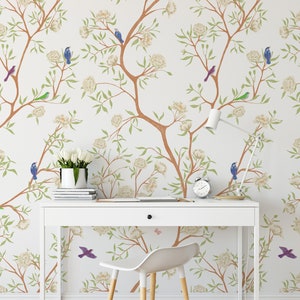 Hand Painted Chinoiserie Wallpaper, Alternate Colours available / Vine Wallpaper / Botanical Feature Wall / Bird and Branches Wallpaper