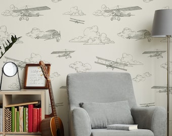 Papier peint avion vintage, couleurs alternatives disponibles / Papier peint aviation / Décoration avion / Papier peint avion / Papier peint pour chambre d'enfant