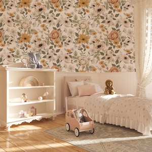 Papier peint fleuri Boho Blooms / Motif floral dessiné à la main / Mur floral orange rouille / Papier peint pour chambre d'enfant