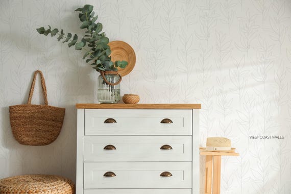 Simple Line Leaves Wallpaper / Neutral Leaves /  Modern Leaves Wallpaper / Hand Drawn Leafy Wallpaper / Plant Theme / Nursery Wall