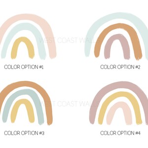 May include: Four different color variations of a rainbow design. Each rainbow is made up of three arches with a different color combination. The colors include pink, light blue, yellow, brown, and purple.