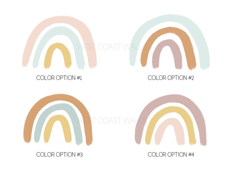 May include: Four different color variations of a rainbow design. Each rainbow is made up of three arches with a different color combination. The colors include pink, light blue, yellow, brown, and purple.