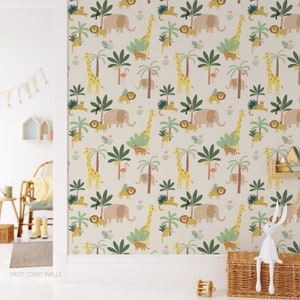 Jungle Animals Wallpaper / Jungle Decor / Jungle Theme / Nursery Decor / Boys Room / Lion Cheetah Toucan Elephant