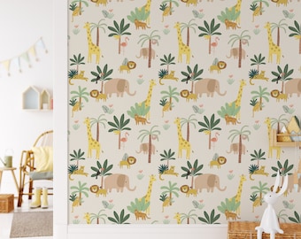 Jungle Animals Wallpaper / Jungle Decor / Jungle Theme / Nursery Decor / Boys Room / Lion Cheetah Toucan Elephant