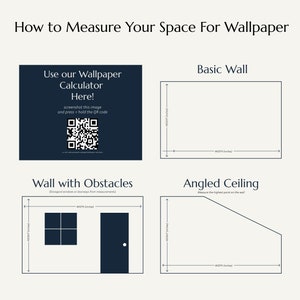 Può includere: Diagramma che mostra come misurare un muro per la carta da parati. Il diagramma mostra un muro di base, un muro con ostacoli e un soffitto angolato. Le istruzioni includono la misurazione dell'altezza e della larghezza del muro in pollici. Il diagramma include anche un codice QR per utilizzare un calcolatore di carta da parati.