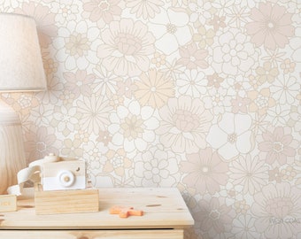 Muted Retro Blooms Wallpaper / Hand Drawn Floral Design / Subtle Retro Floral Feature Wall / Wallpaper / Groovy Wall Art