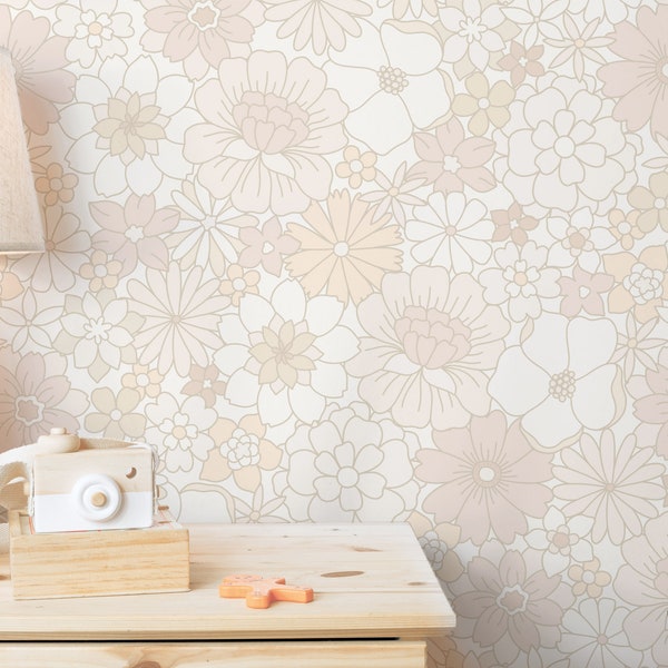 Muted Retro Blooms Wallpaper / Hand Drawn Floral Design / Subtle Retro Floral Feature Wall / Wallpaper / Groovy Wall Art