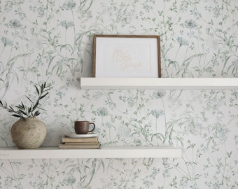Vintage Meadow Blooms Wallpaper: Soft Blue Floral Feature Wall