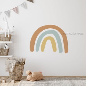 May include: A colorful rainbow wall decal with a light brown, light blue, and yellow color scheme. The decal is on a white wall in a nursery room with a white shelf, a basket, and a stuffed bunny.