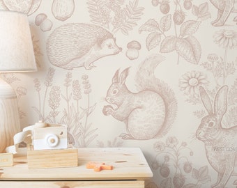 Whimsical Woodland Animals Wallpaper / Sketched Animals Wallpaper / Nursery Decor / Animal Accent Wall / Nursery Wallpaper