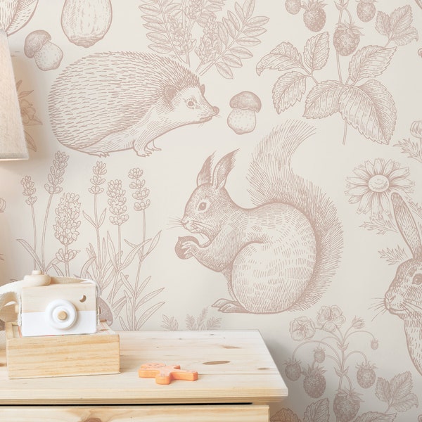 Whimsical Woodland Animals Wallpaper / Sketched Animals Wallpaper / Nursery Decor / Animal Accent Wall / Nursery Wallpaper
