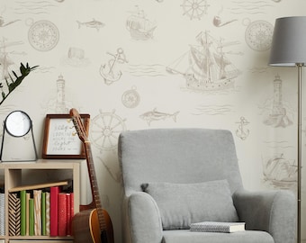 Carta da parati vintage per barche a vela / Tema nautico / Carta da parati oceanica / Carta da parati / Decorazioni per barche / Nautica vintage