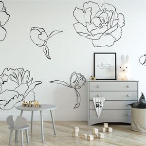 Väggdekaler med blommor / Avtagbara väggdekaler med blommor / Väggdekaler med pioner / Blommiga väggdekaler / Blommiga linjekonstdekaler / Barnrumsdekaler