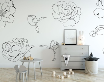 Flower Wall Stickers / Removable Floral Wall Decal / Peony Wall Decals / Floral Walls / Floral Line Art Decals / Nursery Decals