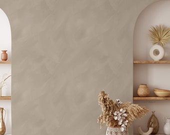 Può includere: Un muro di colore marrone chiaro con una finitura testurizzata. Due nicchie ad arco con mensole sono su entrambi i lati del muro. Le mensole sono decorate con vasi, ciotole e piante secche. Un cesto di vimini pieno di fiori secchi si trova davanti al muro.