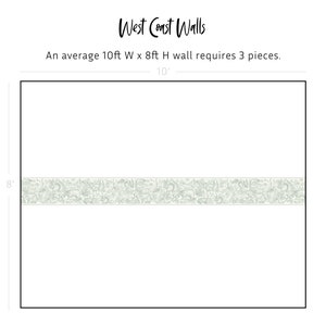 May include: A white background with a black border. The text "West Coast Walls" is in black at the top of the image. The text "An average 10ft W x 8ft H wall requires 3 pieces." is in black below the title. A single strip of wallpaper with a light green and white pattern is shown in the centre of the image. The text "8'" is to the left of the wallpaper and the text "10'" is above the wallpaper.