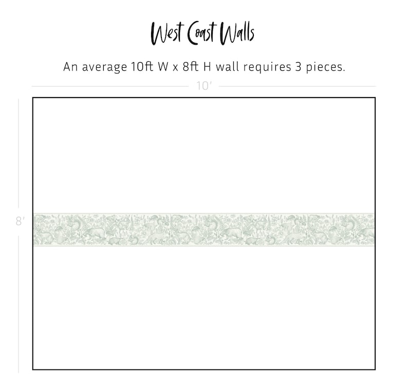 May include: A white background with a black border. The text "West Coast Walls" is in black at the top of the image. The text "An average 10ft W x 8ft H wall requires 3 pieces." is in black below the title. A single strip of wallpaper with a light green and white pattern is shown in the centre of the image. The text "8'" is to the left of the wallpaper and the text "10'" is above the wallpaper.