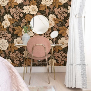 Brown and Pink Whimsical Floral Wallpaper / Hand Drawn Floral Design / Retro Floral Feature Wall / Boho Floral Wallpaper