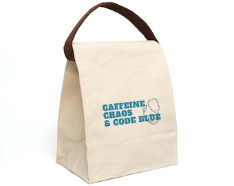 Borsa pranzo in tela blu "Caffeine Chaos & Code", borsa pranzo per infermieri, borsa pranzo divertente per infermieri, pranzo per operatori sanitari, regalo per infermieri