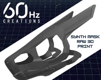 May include: A 3D printed gray plastic mask for a fursuit head. The mask is designed to be worn over the head and has a large opening for the eyes. The text "SYNTH MASK RAW 3D PRINT" is printed on the mask. The text "D.I.Y FURSUIT HEAD" is printed below the mask.