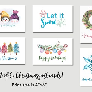 Set van 6 kerstkaarten, afdrukbare kerstkaarten, kerstwenskaart, aquarelkaart, wenskaartbundel, kerst digitaal